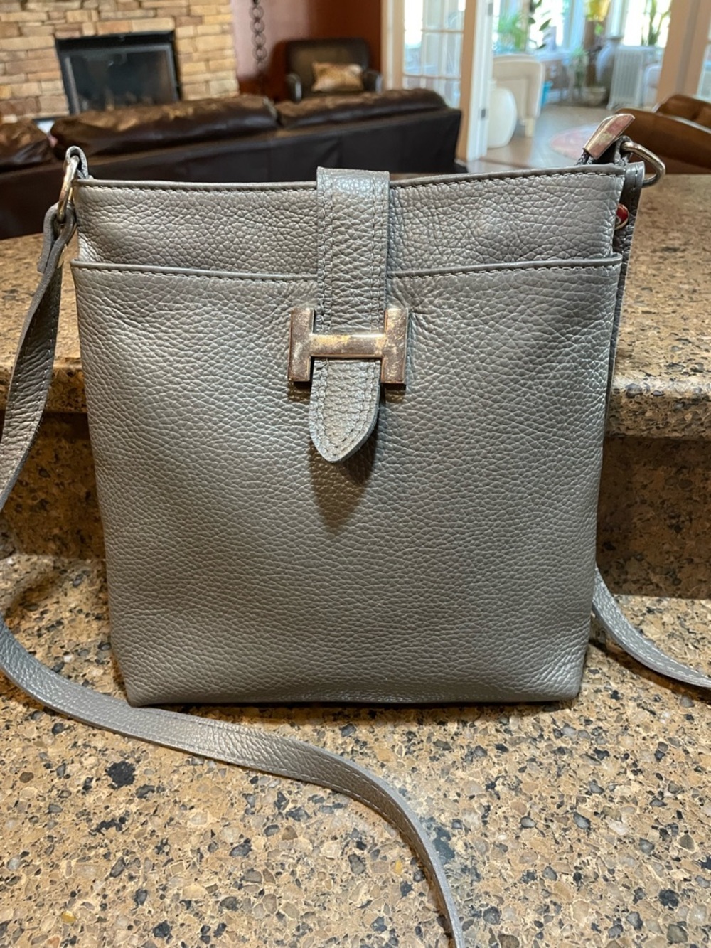 Boho Leather Lavorazione Artigianale Pebbled Leather Grey & Silver Crossbody Bag